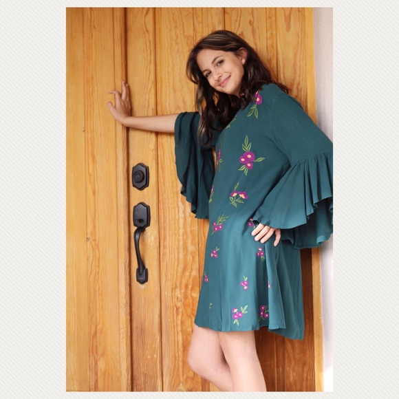 Umgee S L ONLY floral Embroidered bell sleeve dress dark teal - Picture 2 of 8